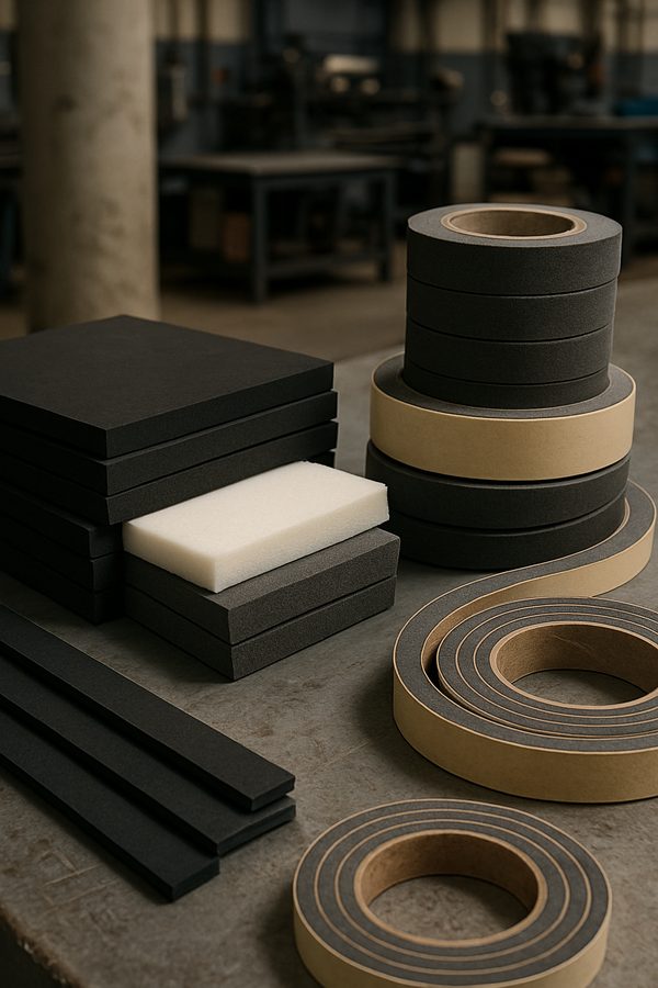 Industrial gasket and seal materials including EPDM rubber, neoprene foam, silicone foam, and 3M adhesive tapes