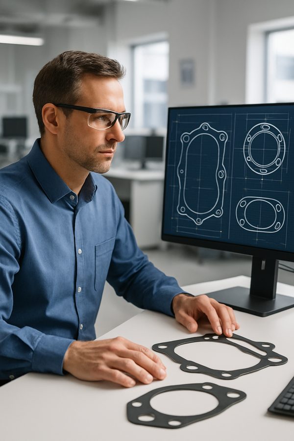 Engineer reviewing CAD drawings for custom die-cut gasket prototypes